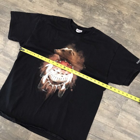Menchego Bear Spirit Native American Graphic‎ Black T-Shirt Men Size XL y2K - Picture 8 of 8
